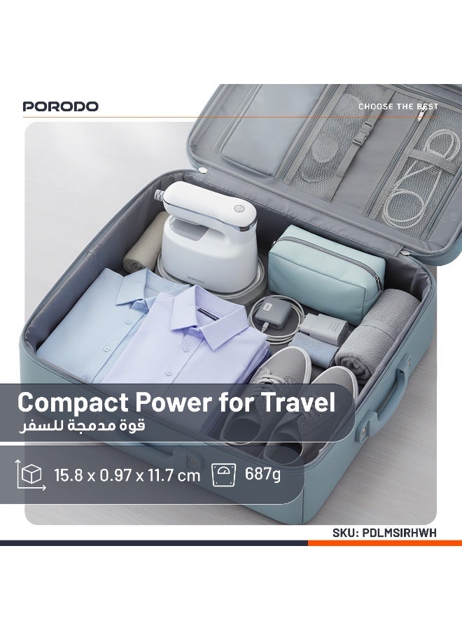 porodo Compact Portable Steam & Heat Iron with Rotating Handle for travel with 120ml Water Tank Capacity/ Ceramic Soleplate / Handheld Steam / Flat Iron Dry & Wet / Garment Steamer 1100W - White - Image 2